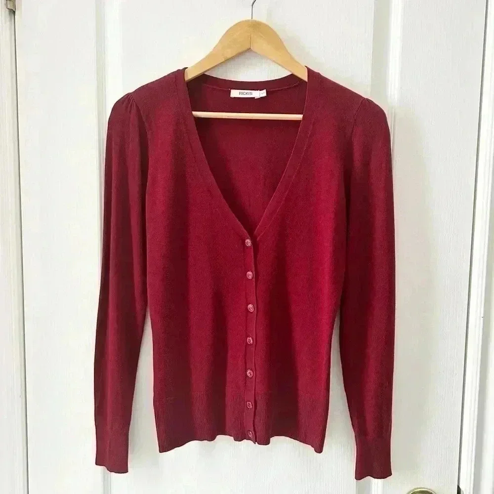 Ricki’s Burgundy Cardigan V Neck Button Front Fitted Size Small - Picture 5 of 16